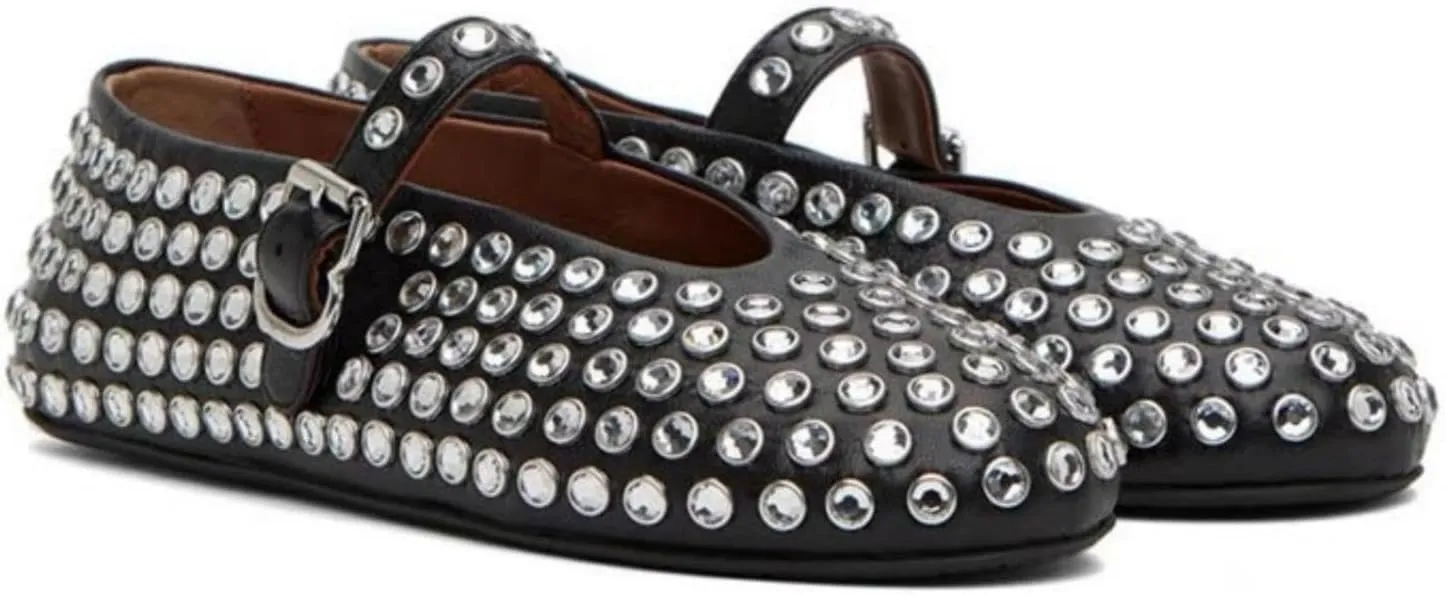 Fishnet Buckle Strap Mesh Ballet Flats Rhinestone Rivet Buckled Strap Mary Jane Shoes Round Toe Studded Slip On Flats Metallic Paillette Colors Dress Ballerinas Flats Low Heels Soft Shoes