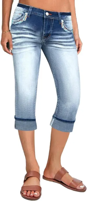 Flamingals Women's Solid Capris Jeans for Women Mid Rise Capris Skinny Denim Pants