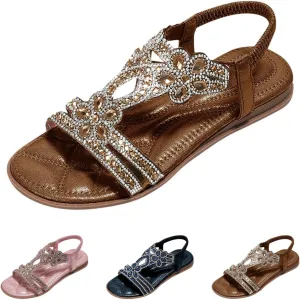 Flat Sandals for Women Dressy Summer Comfortable Casual Rhinestone Sandals T-Strap Non-Slip Open Toe Sandals with Elastic Band