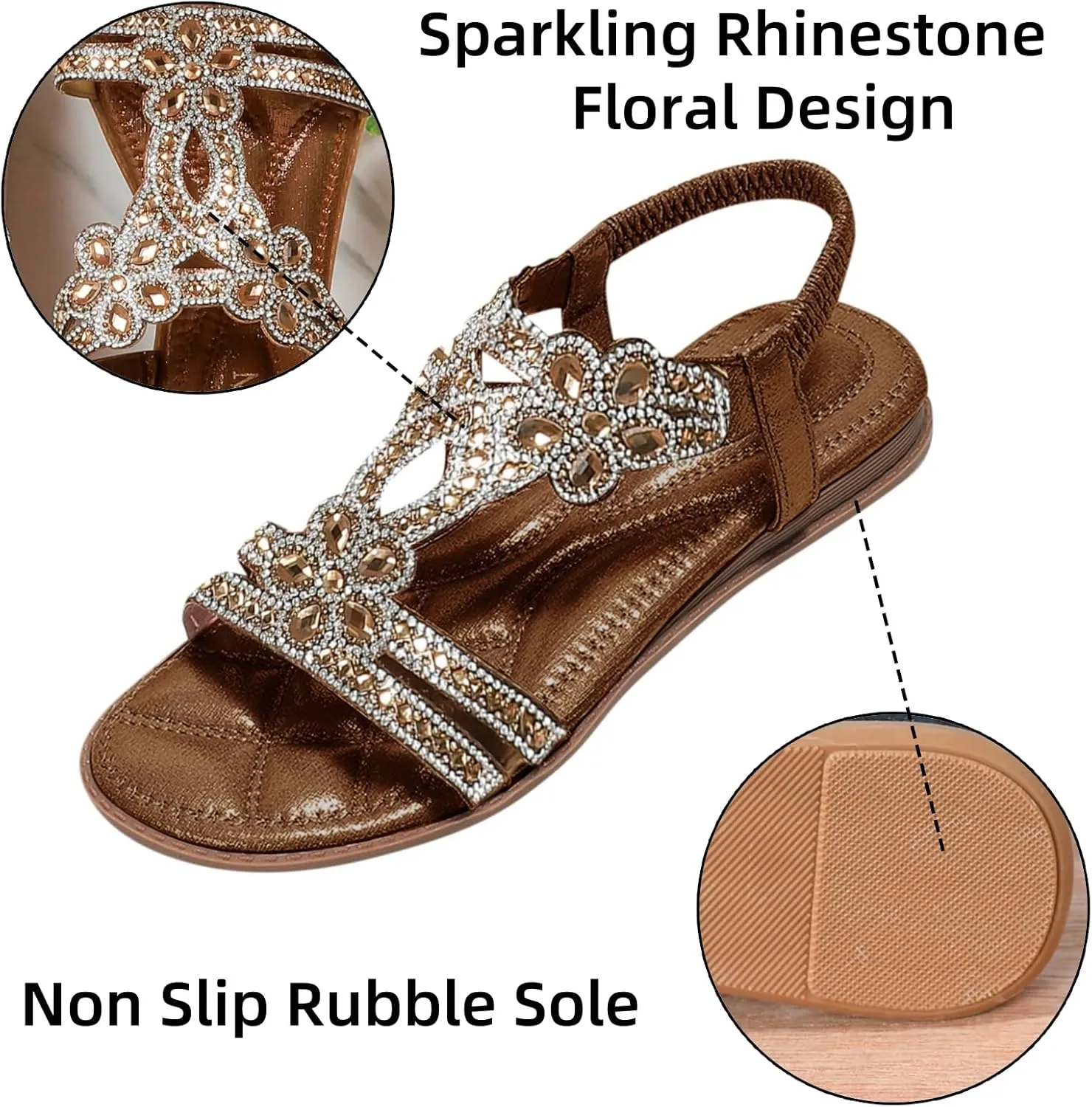 Flat Sandals for Women Dressy Summer Comfortable Casual Rhinestone Sandals T-Strap Non-Slip Open Toe Sandals with Elastic Band