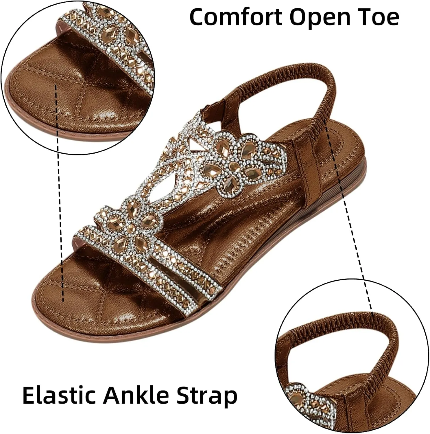 Flat Sandals for Women Dressy Summer Comfortable Casual Rhinestone Sandals T-Strap Non-Slip Open Toe Sandals with Elastic Band