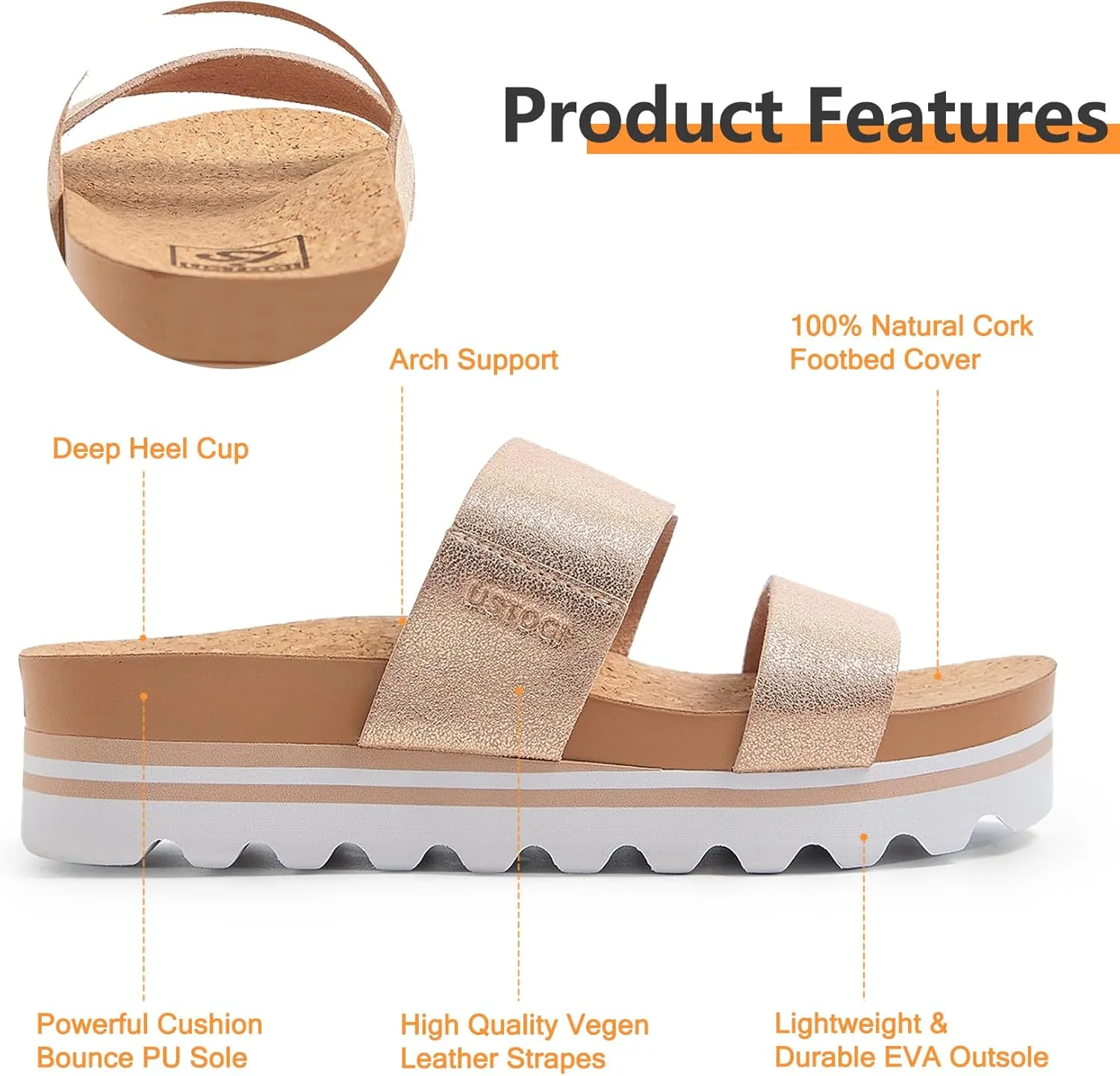 Flatform Platform Sandals Women Arch Support Beach Slides Orthotic Summer Causal Cork Footbed Adjustable Lightweight Thick Sole Comfortable Fashion Slip on Cushion Cute 2 Strap