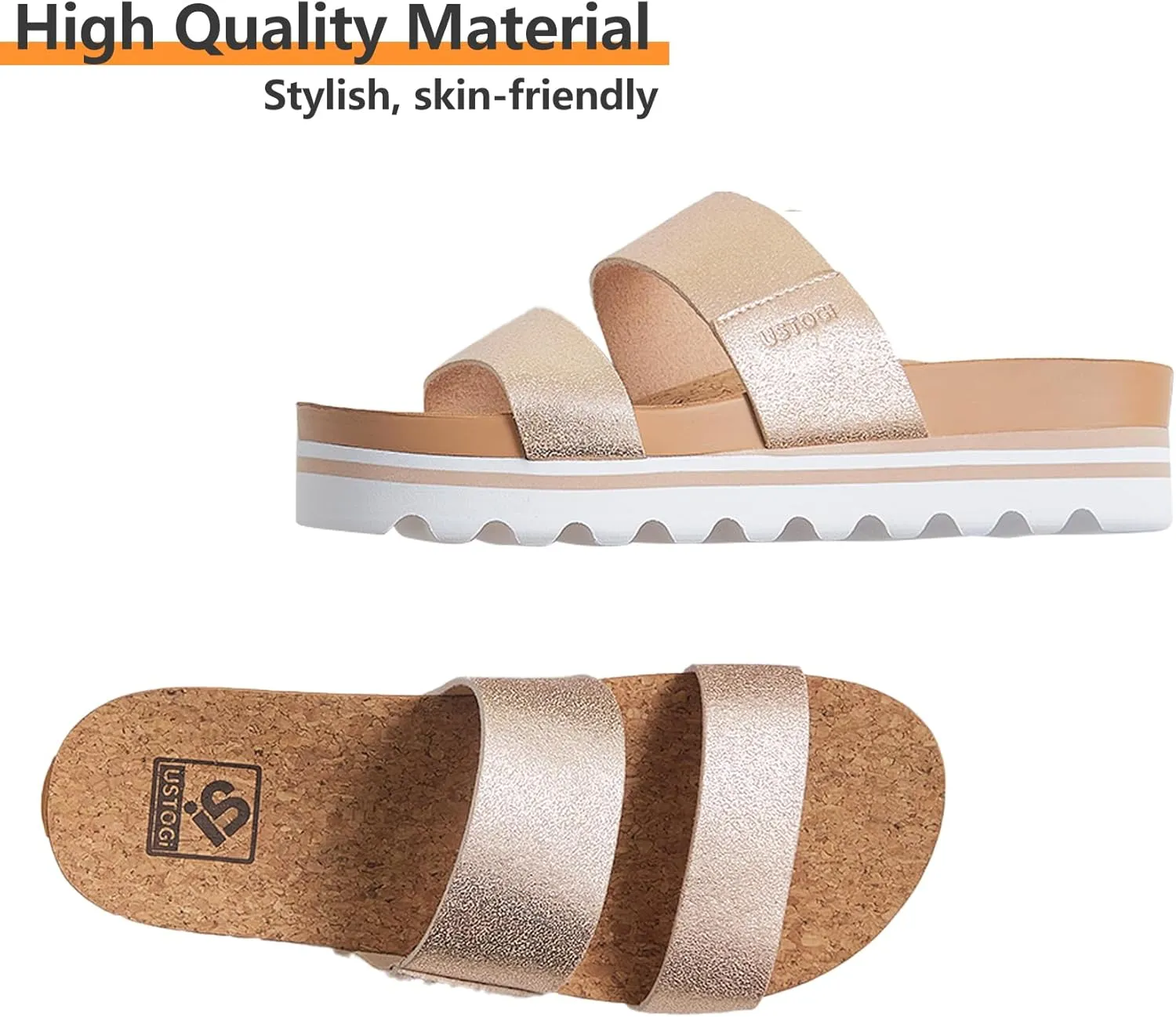 Flatform Platform Sandals Women Arch Support Beach Slides Orthotic Summer Causal Cork Footbed Adjustable Lightweight Thick Sole Comfortable Fashion Slip on Cushion Cute 2 Strap