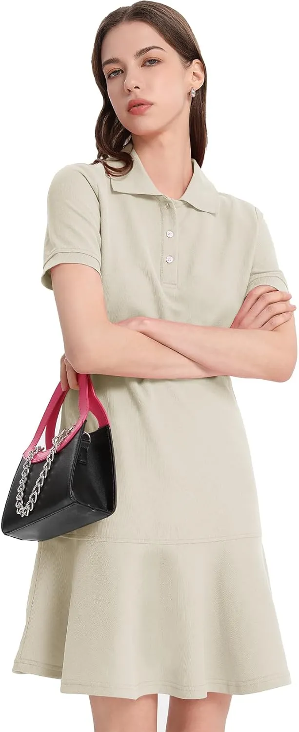 Flygo Womens Polo Dress Collared Short Sleeve Ruffle Golf Tennis T Shirt Sports Workout Mini Summer Dresses Tunic Pique