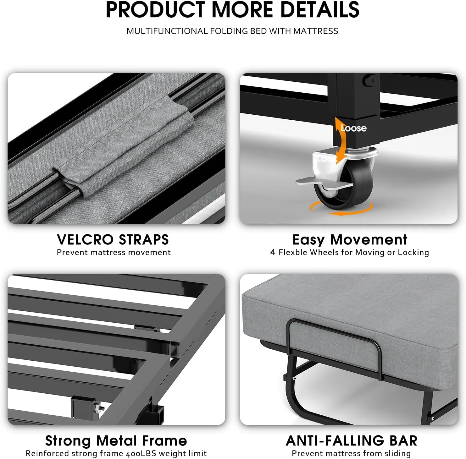 Folding Bed with Mattress, Portable Foldable Bed for Adults, Roll Away Guest on Wheels, Memory Foam Mattress and Metal Frame, Space Saving Fold Up for Easy Storage, 75" x 31"