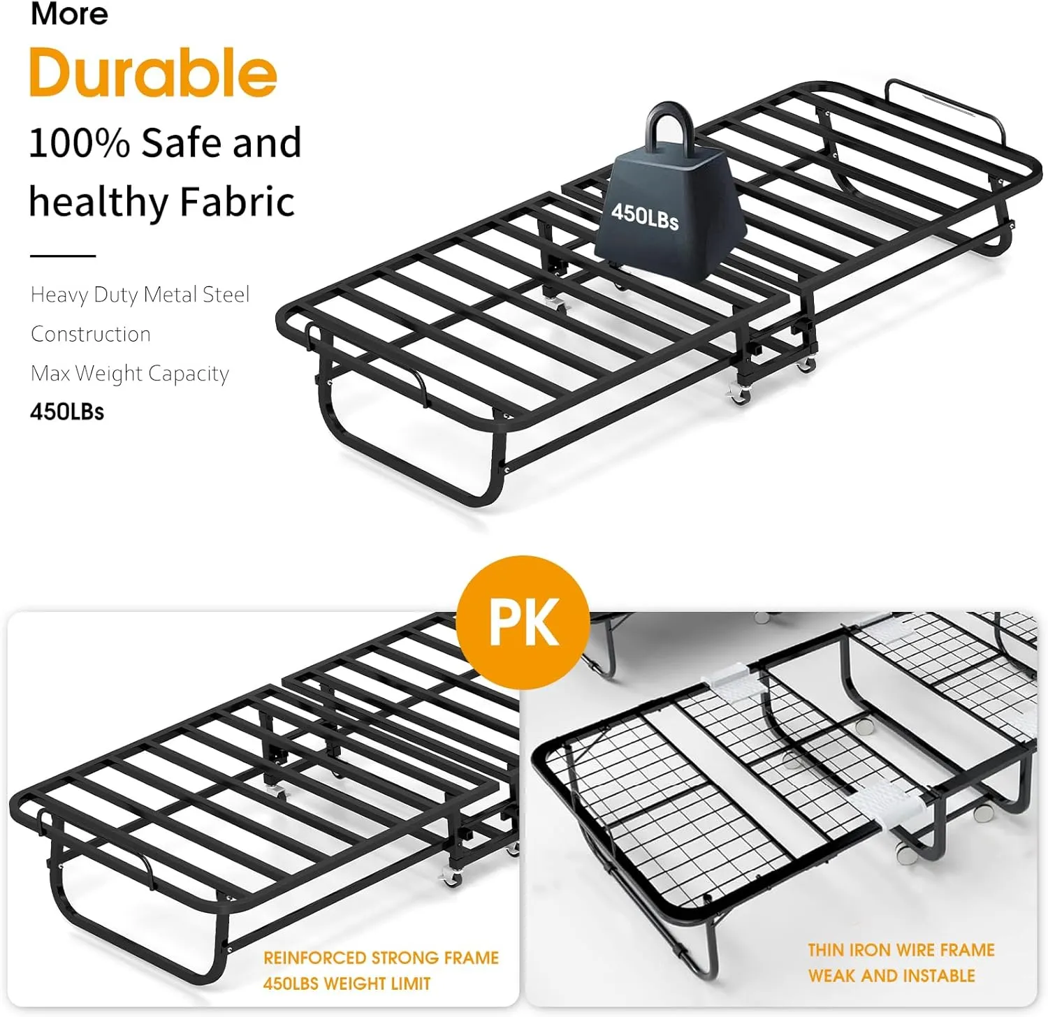 Folding Bed with Mattress, Portable Foldable Bed for Adults, Roll Away Guest on Wheels, Memory Foam Mattress and Metal Frame, Space Saving Fold Up for Easy Storage, 75" x 31"