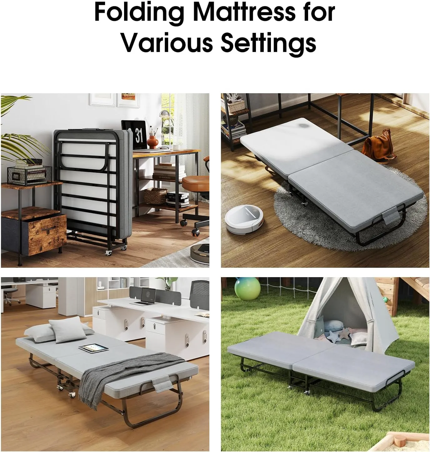Folding Bed with Mattress, Portable Foldable Bed for Adults, Roll Away Guest on Wheels, Memory Foam Mattress and Metal Frame, Space Saving Fold Up for Easy Storage, 75" x 31"