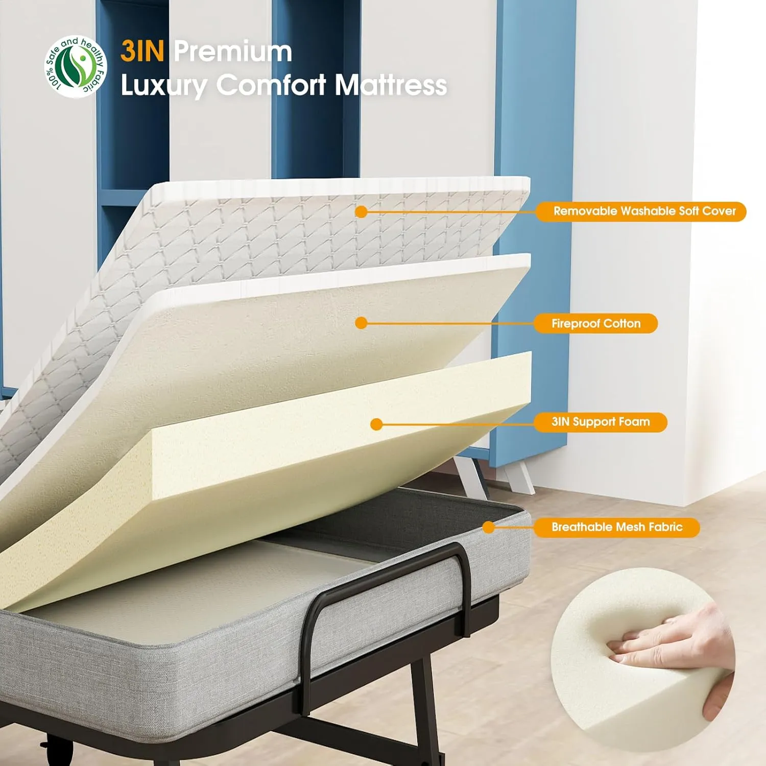Folding Bed with Mattress, Portable Foldable Bed for Adults, Roll Away Guest on Wheels, Memory Foam Mattress and Metal Frame, Space Saving Fold Up for Easy Storage, 75" x 31"