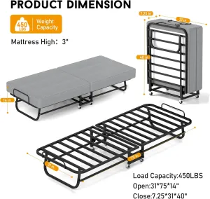 Folding Bed with Mattress, Portable Foldable Bed for Adults, Roll Away Guest on Wheels, Memory Foam Mattress and Metal Frame, Space Saving Fold Up for Easy Storage, 75" x 31"