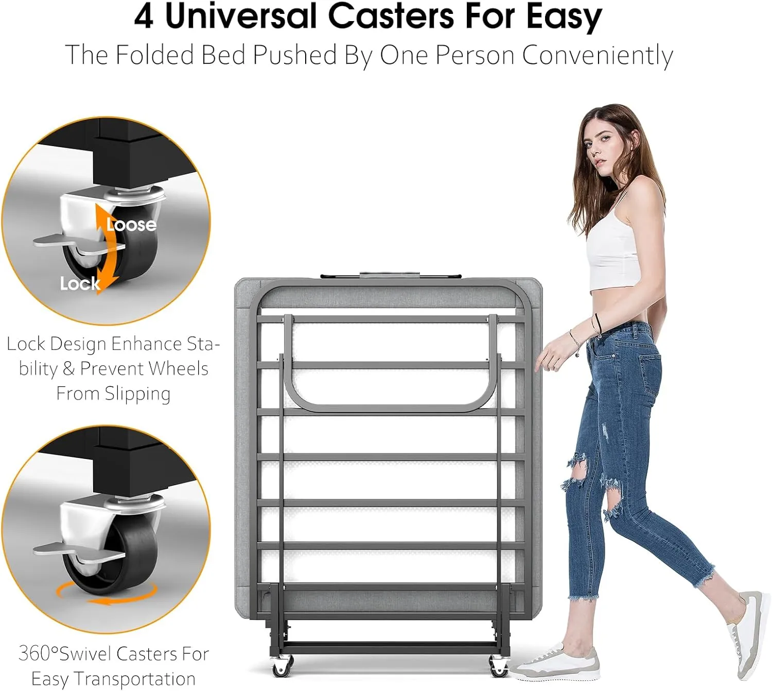Folding Bed with Mattress, Portable Foldable Bed for Adults, Roll Away Guest on Wheels, Memory Foam Mattress and Metal Frame, Space Saving Fold Up for Easy Storage, 75" x 31"