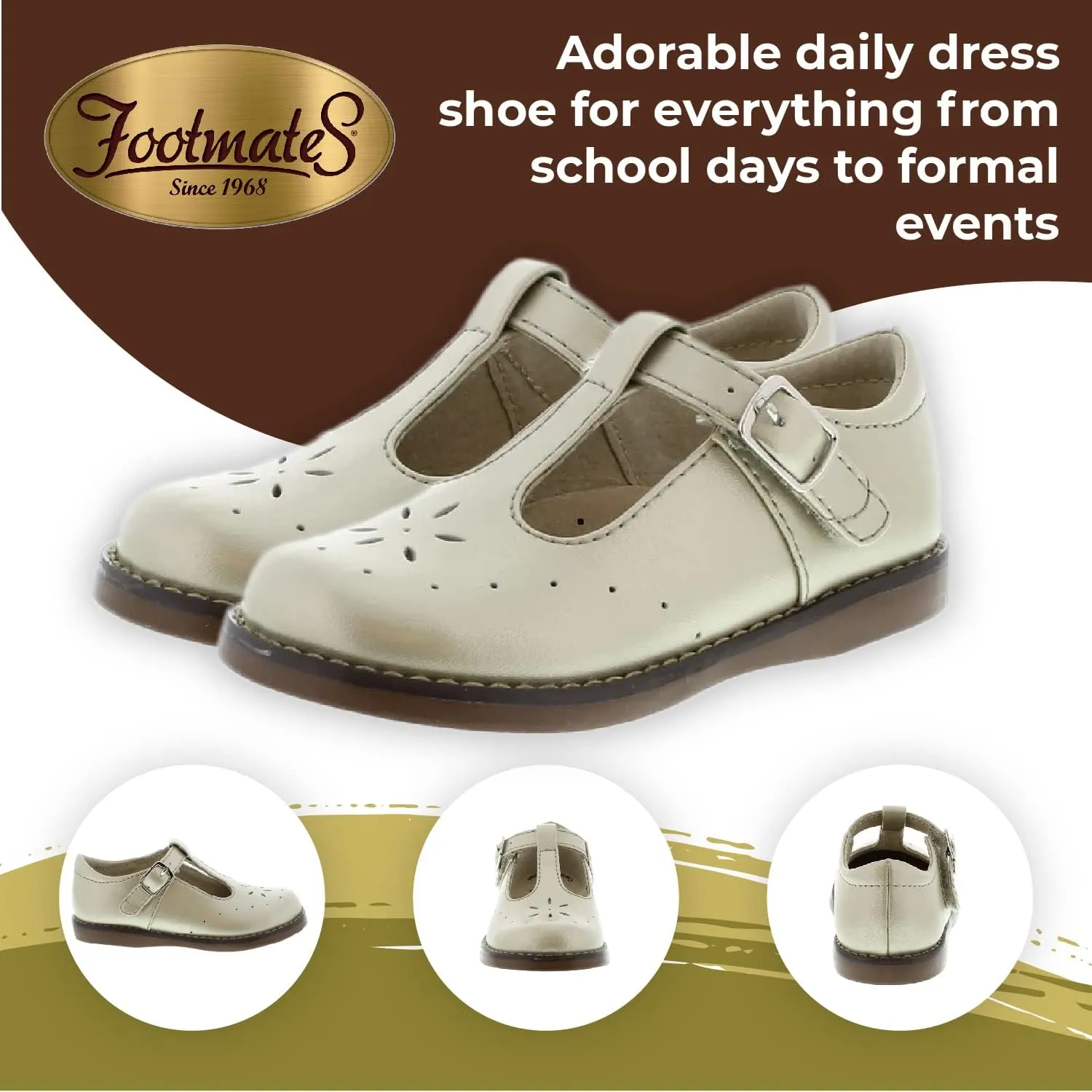 FOOTMATES Sherry Mary Jane Hook and Loop Leather T-Strap Shoes with Wide Toe Box and Custom-Fit Insoles, Non-Marking Outsoles - for Toddlers and Kids, Ages 1-8