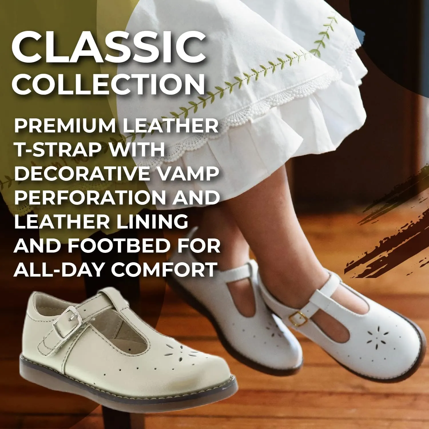 FOOTMATES Sherry Mary Jane Hook and Loop Leather T-Strap Shoes with Wide Toe Box and Custom-Fit Insoles, Non-Marking Outsoles - for Toddlers and Kids, Ages 1-8