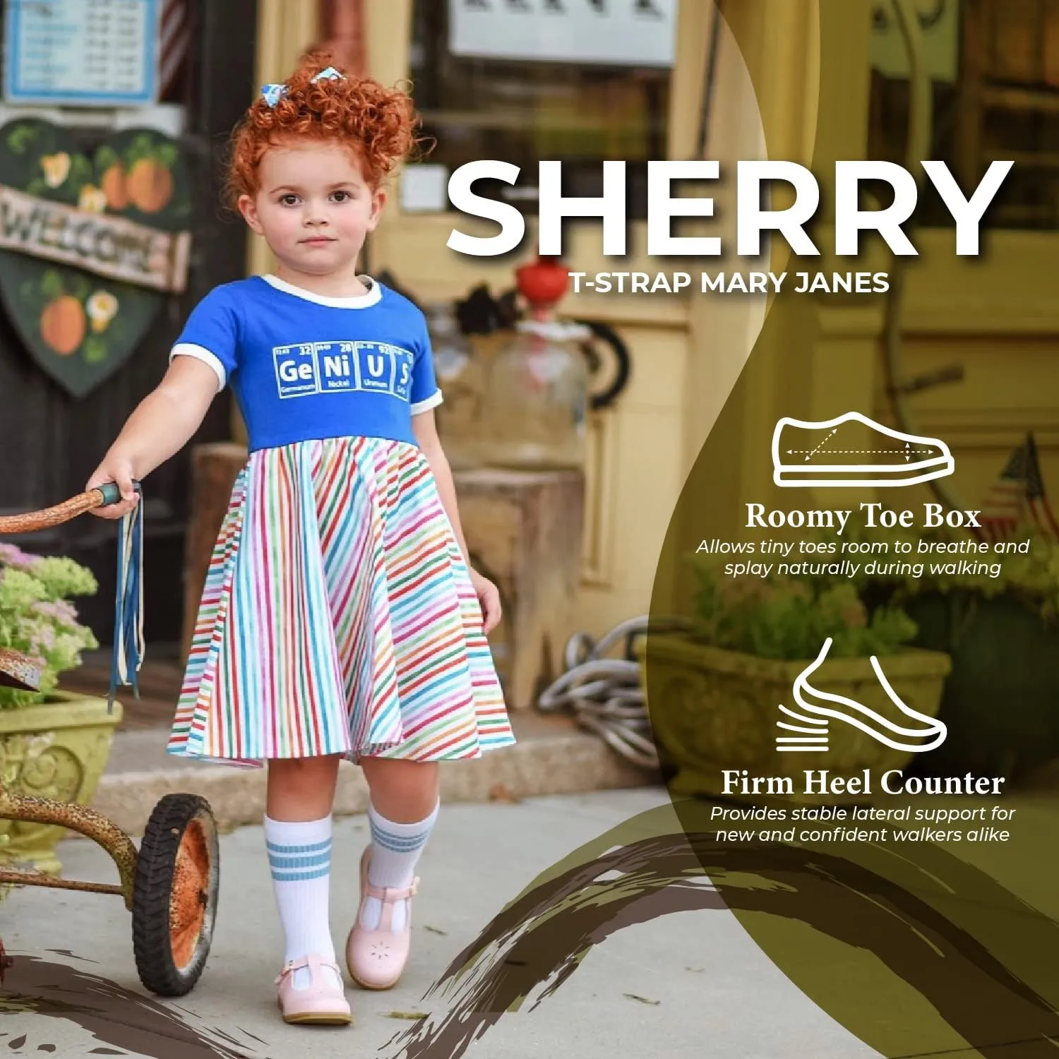 FOOTMATES Sherry Mary Jane Hook and Loop Leather T-Strap Shoes with Wide Toe Box and Custom-Fit Insoles, Non-Marking Outsoles - for Toddlers and Kids, Ages 1-8