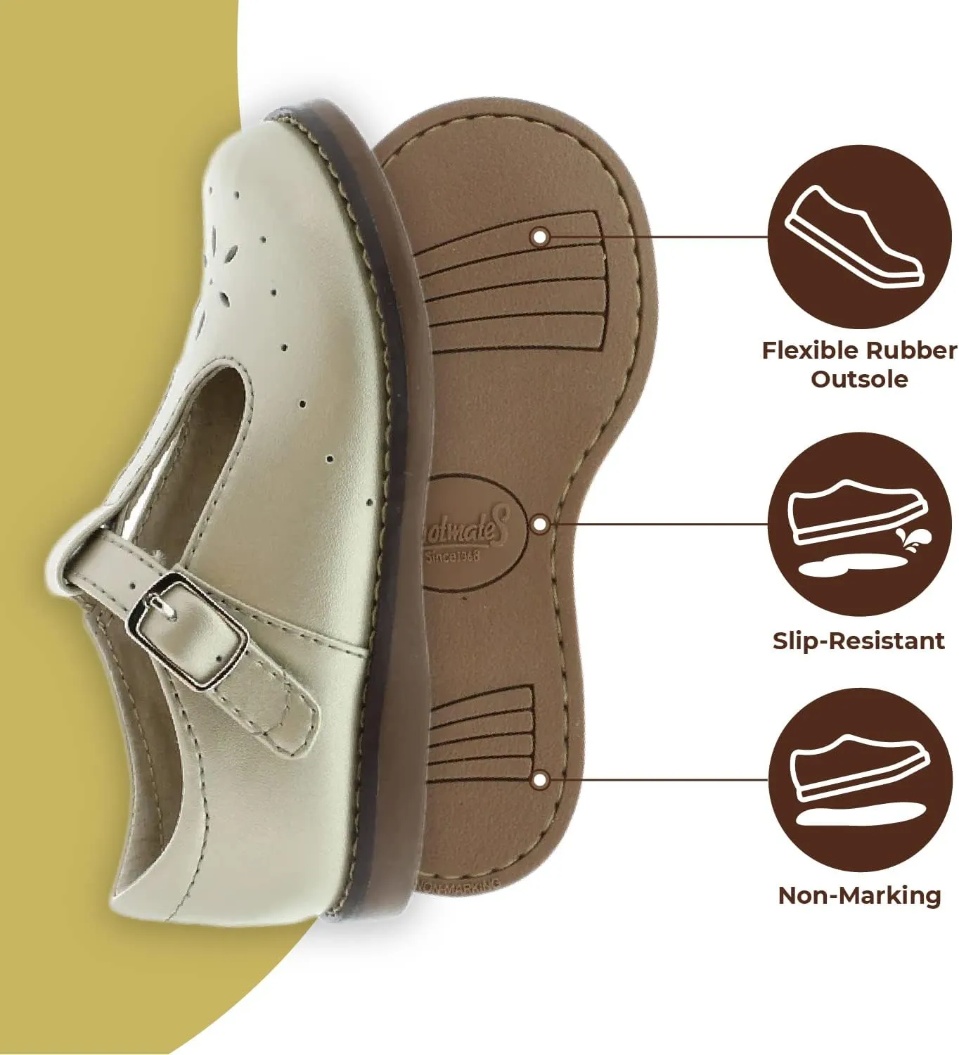 FOOTMATES Sherry Mary Jane Hook and Loop Leather T-Strap Shoes with Wide Toe Box and Custom-Fit Insoles, Non-Marking Outsoles - for Toddlers and Kids, Ages 1-8