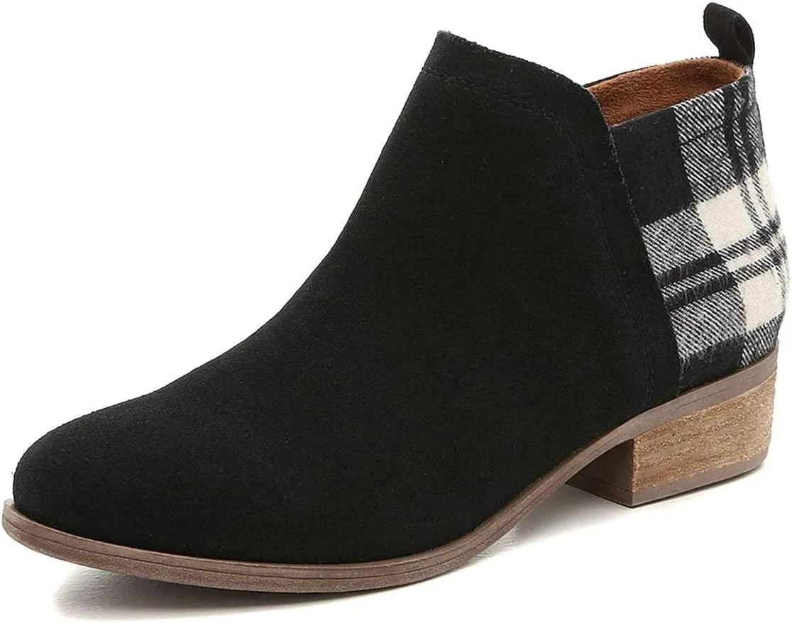 FOWT Fashion Patchwork Ankle Boots for Women Low Stacked Chunky Heels Booties Closed Round Toe Slip on Ankle Wrap Booties Two Toned Style Printed Flats with Side Zippers Size 4-16 US