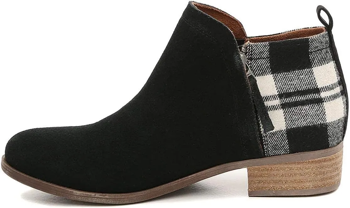 FOWT Fashion Patchwork Ankle Boots for Women Low Stacked Chunky Heels Booties Closed Round Toe Slip on Ankle Wrap Booties Two Toned Style Printed Flats with Side Zippers Size 4-16 US
