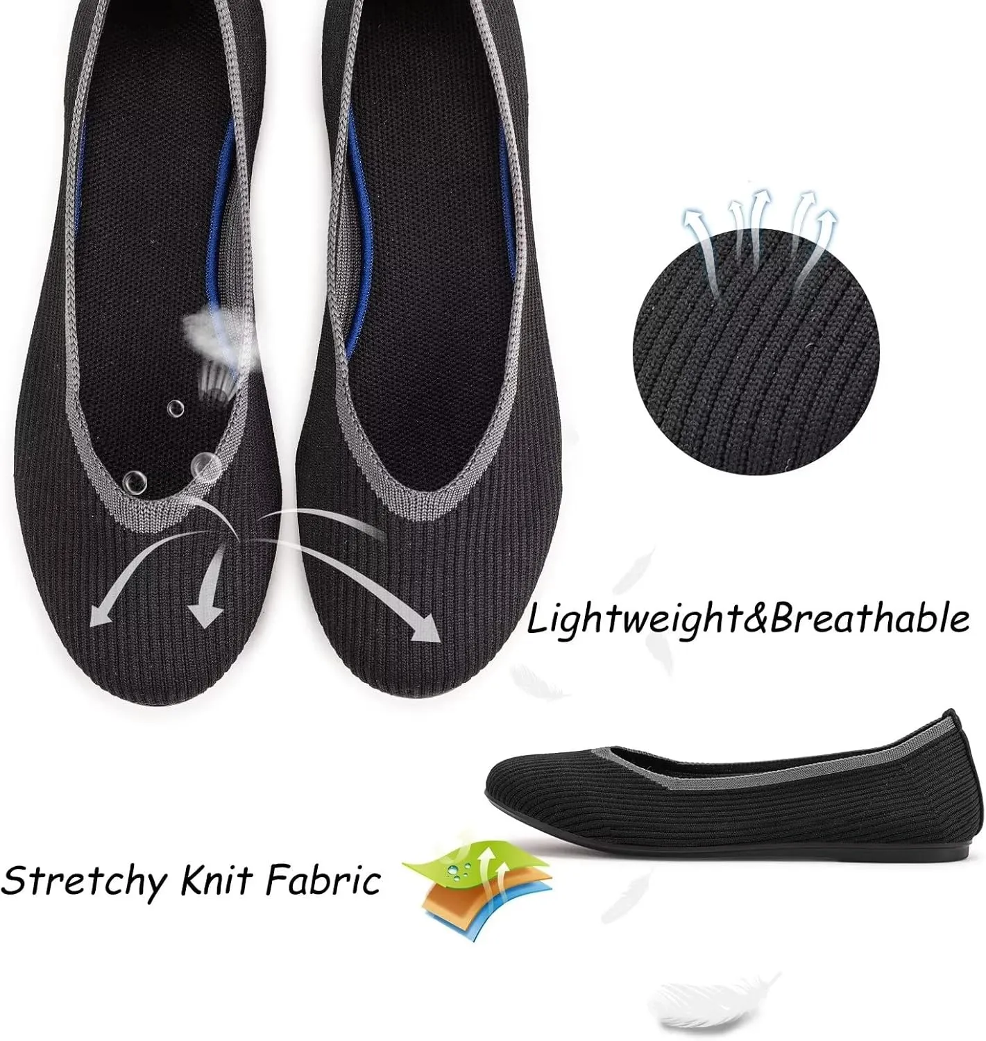 Frank Mully Women's Ballet Flats Round Toe Walking Flats Slip On Work Shoes Knitted Flats Shoes for Woman Soft Lightweight