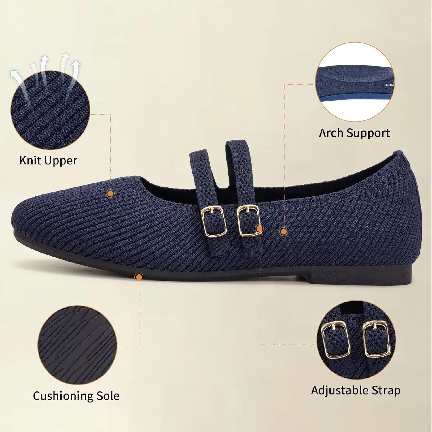 Frank Mully Women's Flats Square Toe Mary Jane Shoes Ballet Flats with Strap Comfortable Slip On Knit Shoes Dressy Casual