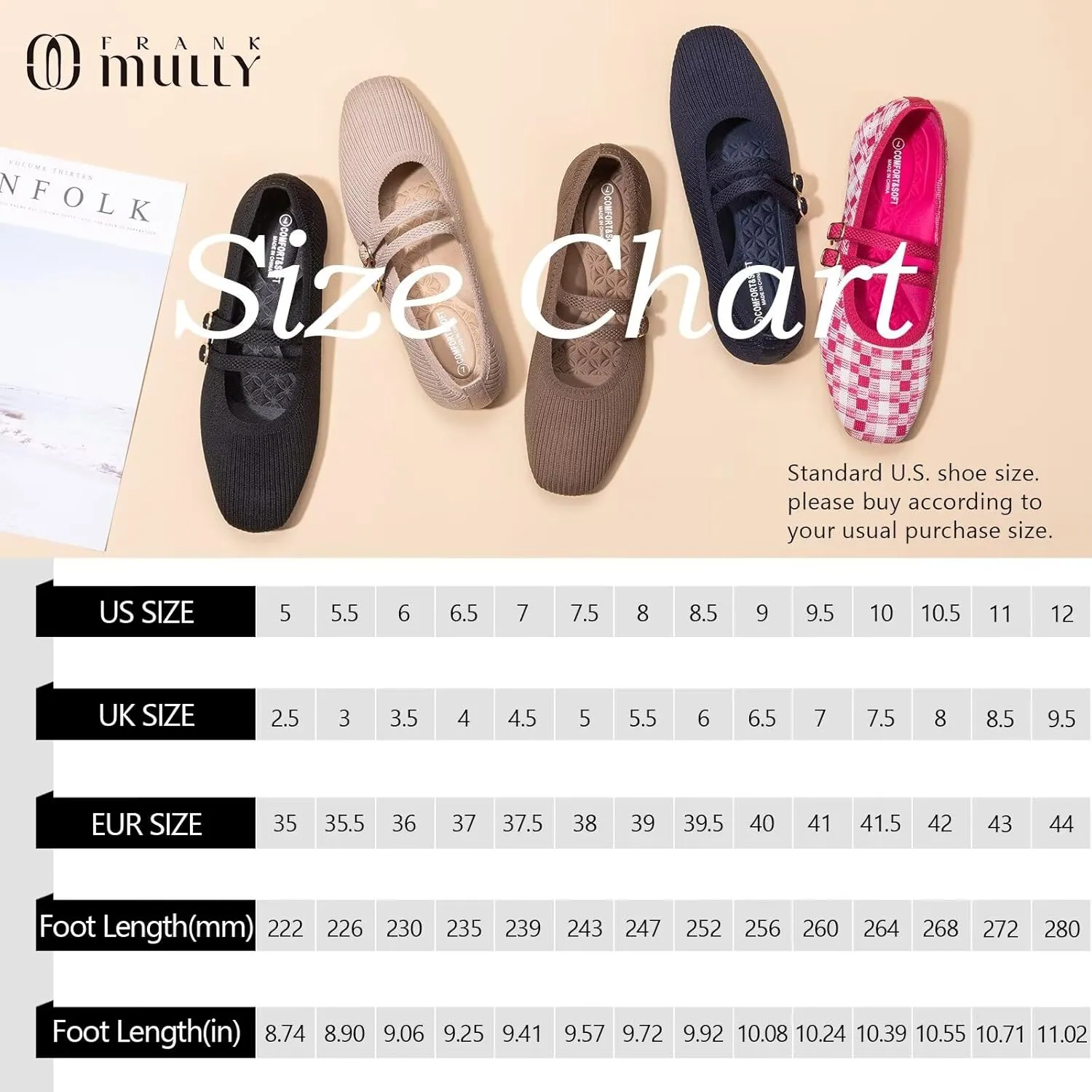 Frank Mully Women's Flats Square Toe Mary Jane Shoes Ballet Flats with Strap Comfortable Slip On Knit Shoes Dressy Casual