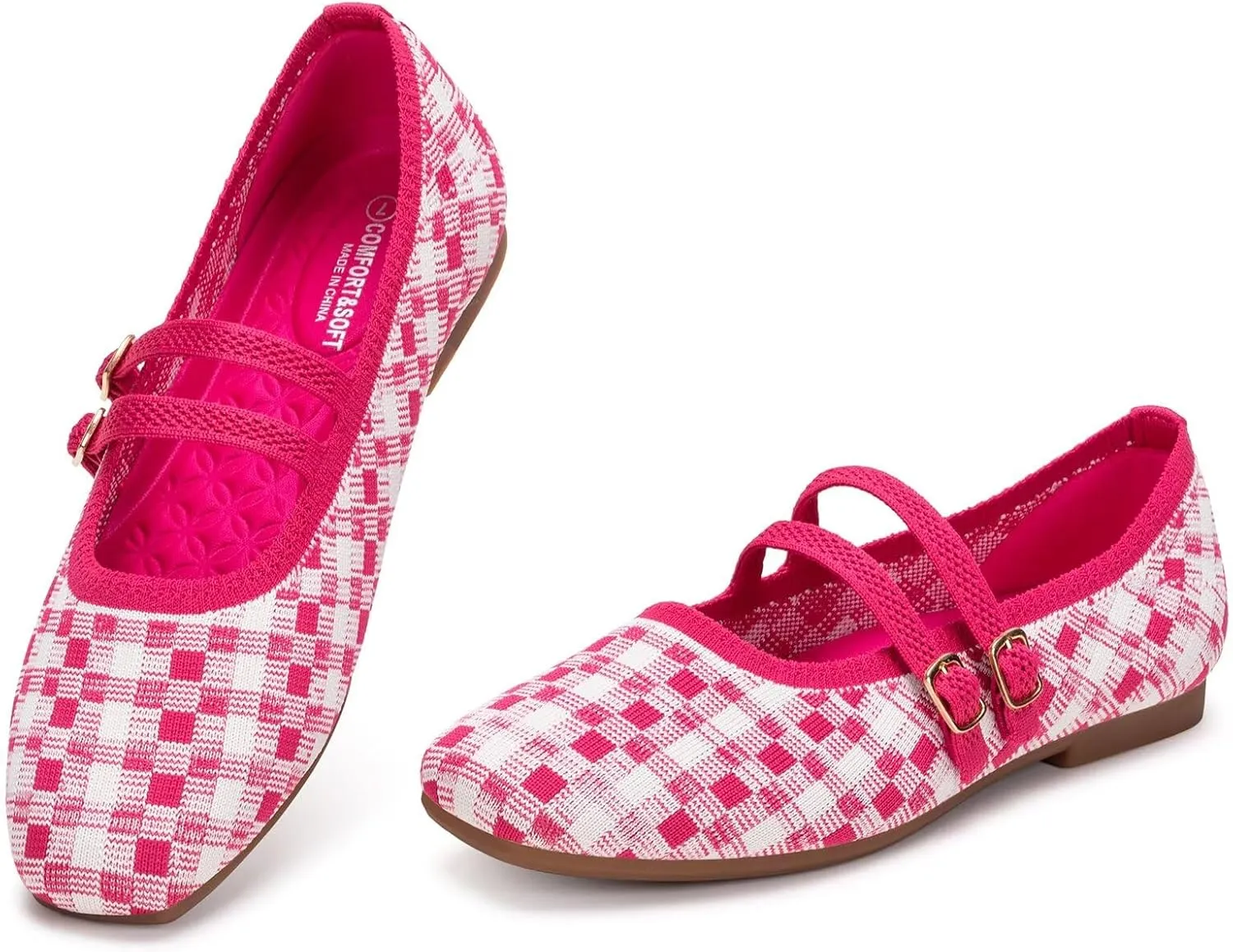 Frank Mully Women's Flats Square Toe Mary Jane Shoes Ballet Flats with Strap Comfortable Slip On Knit Shoes Dressy Casual
