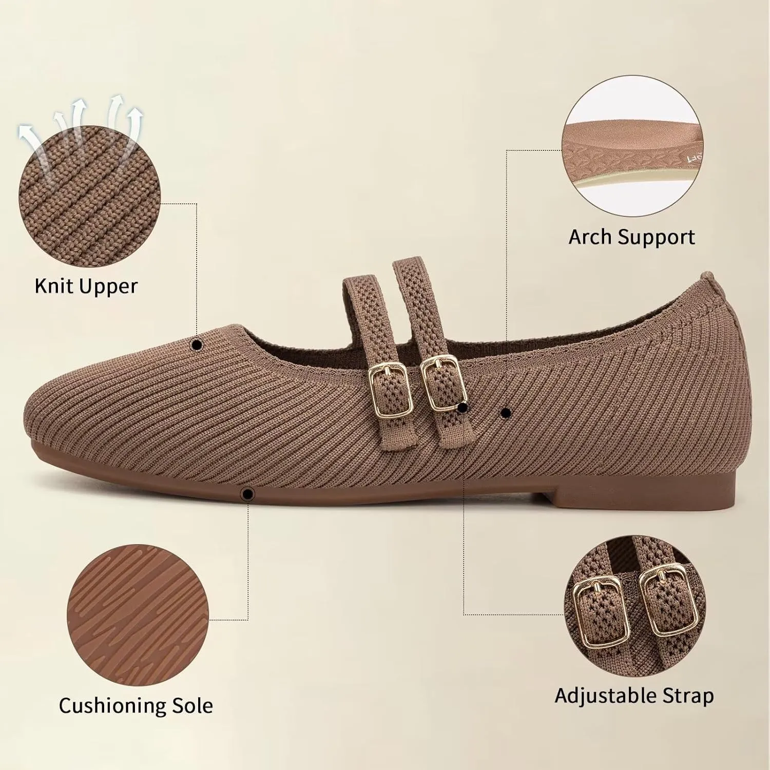 Frank Mully Women's Flats Square Toe Mary Jane Shoes Ballet Flats with Strap Comfortable Slip On Knit Shoes Dressy Casual