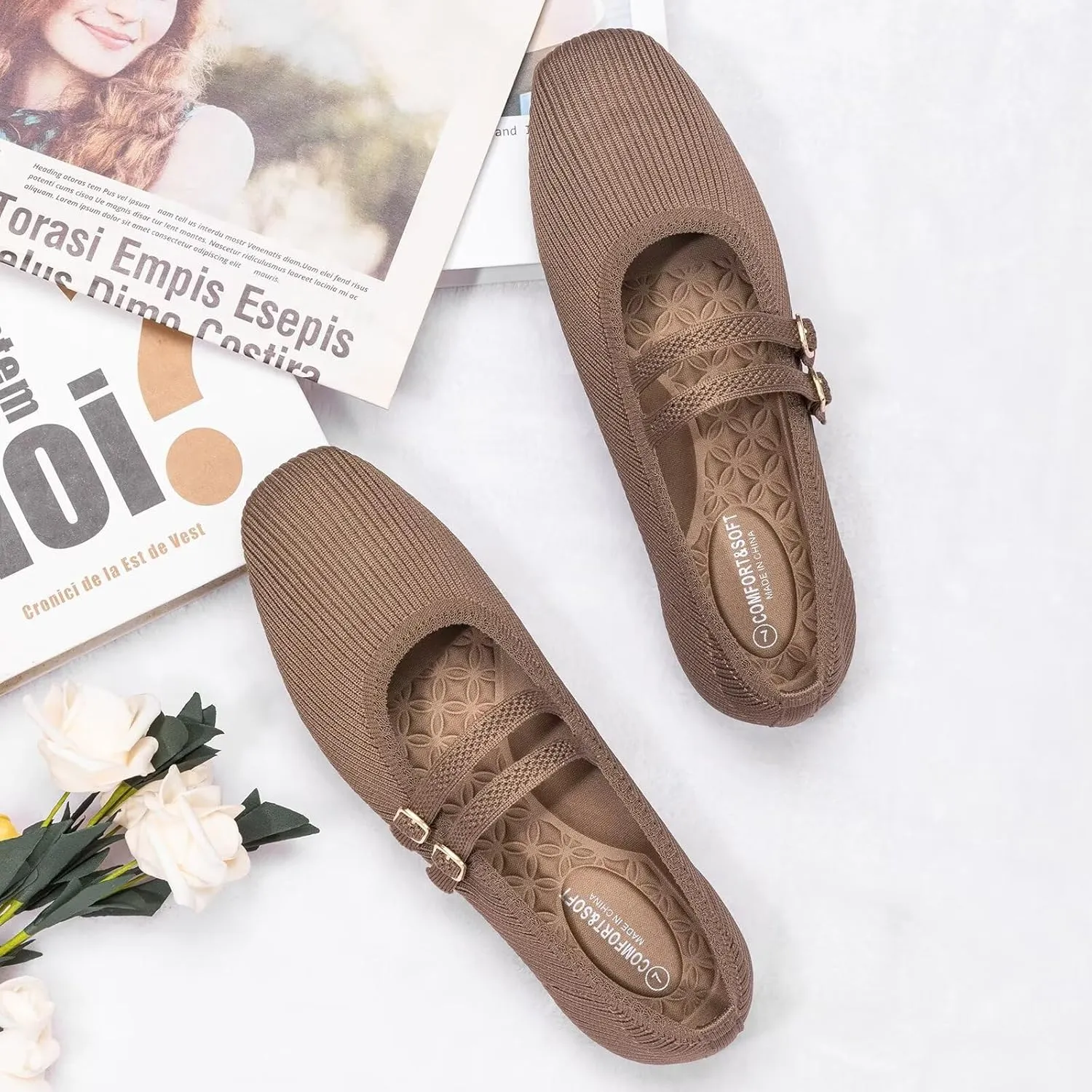 Frank Mully Women's Flats Square Toe Mary Jane Shoes Ballet Flats with Strap Comfortable Slip On Knit Shoes Dressy Casual