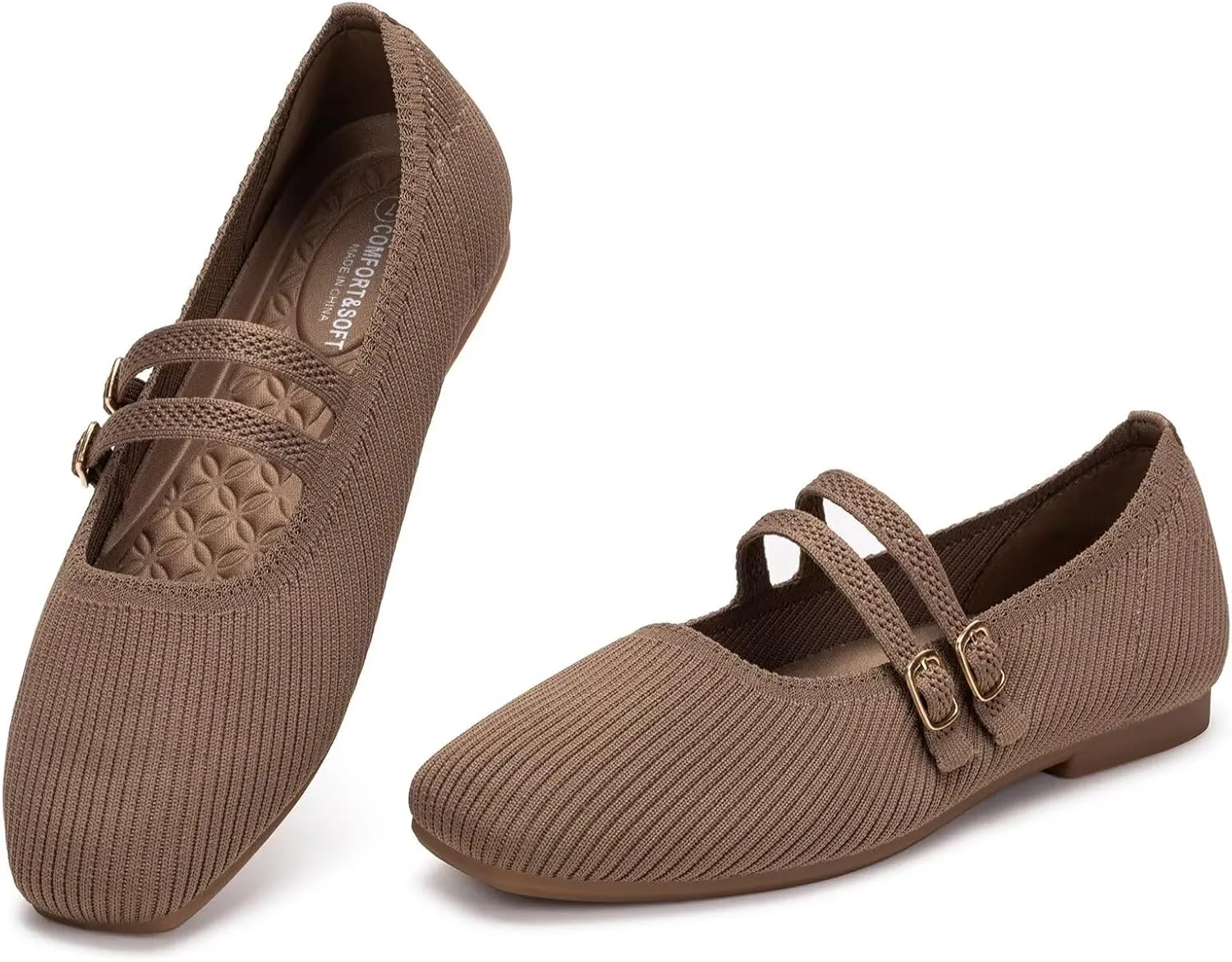 Frank Mully Women's Flats Square Toe Mary Jane Shoes Ballet Flats with Strap Comfortable Slip On Knit Shoes Dressy Casual