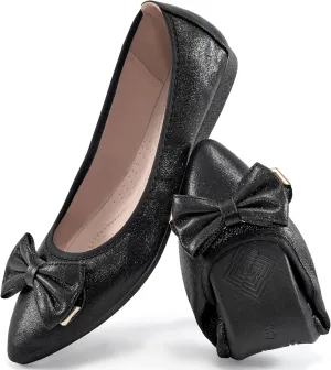 FUDYNMALC Womens Ballet Flats Shoes: Foldable Dressy Wedding Ballerina Shoes Sparkly Bowknot Pointed Toe Slip on Walking Loafers