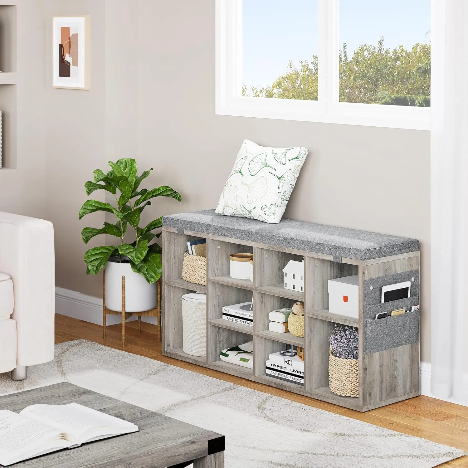 GAOMON Entryway Shoe Storage Cabinet Bench with 10 Cubbies,Shoe Rack with Cushion,3-Tier Adjustable Shelf for Entryway,Living Room,Hallway,Bedroom,Mudroom, Closet and Garage(Grey,41inches)