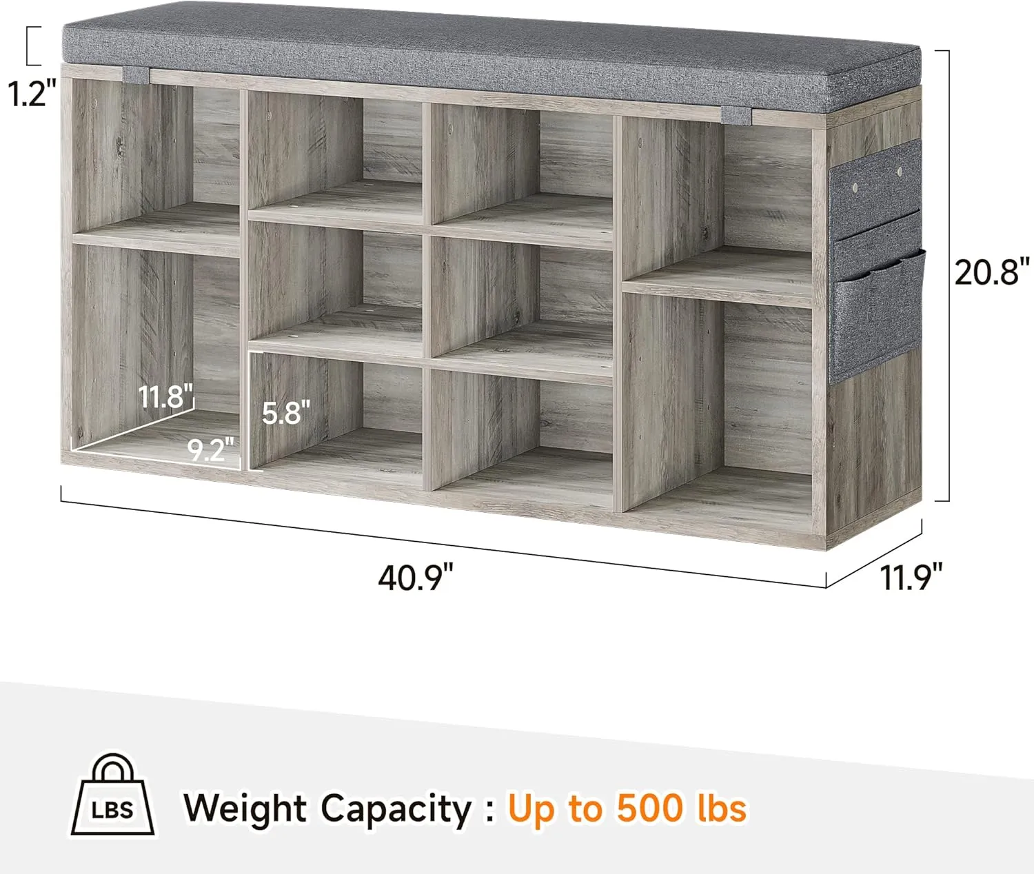 GAOMON Entryway Shoe Storage Cabinet Bench with 10 Cubbies,Shoe Rack with Cushion,3-Tier Adjustable Shelf for Entryway,Living Room,Hallway,Bedroom,Mudroom, Closet and Garage(Grey,41inches)
