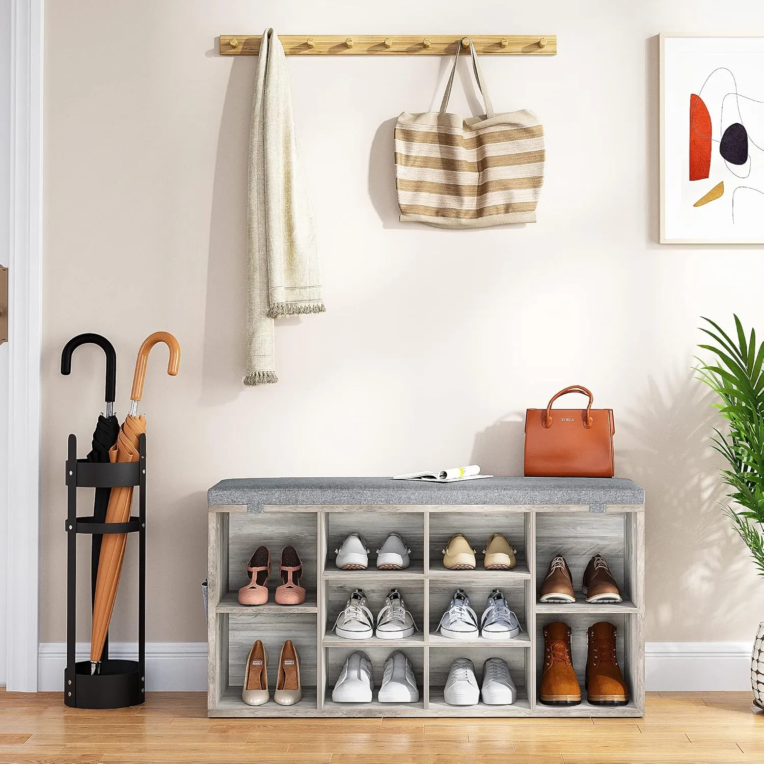 GAOMON Entryway Shoe Storage Cabinet Bench with 10 Cubbies,Shoe Rack with Cushion,3-Tier Adjustable Shelf for Entryway,Living Room,Hallway,Bedroom,Mudroom, Closet and Garage(Grey,41inches)