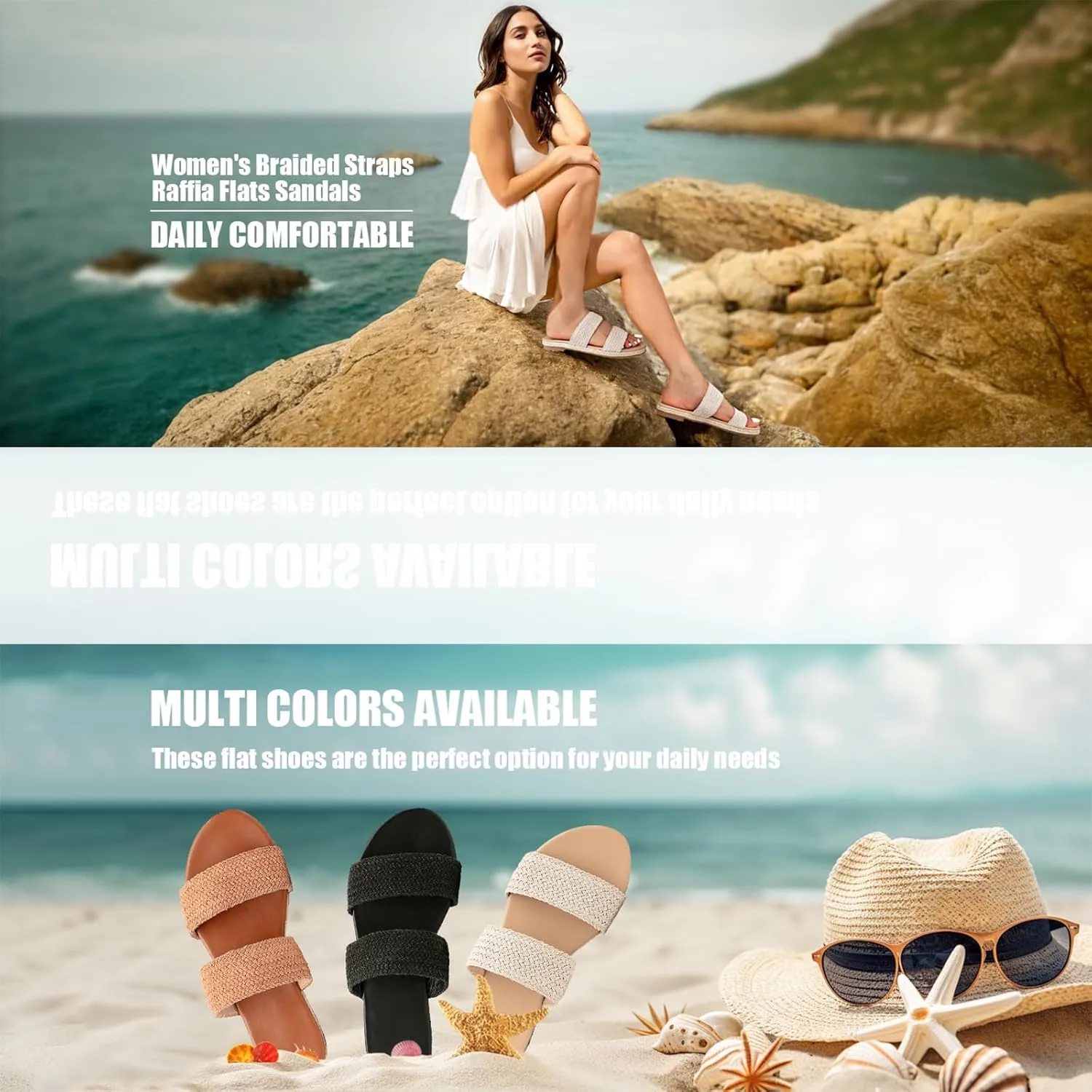 GATUXUS Women's Espadrille Slides Flat Sandals Open Toe Braided Straps Slip On Summer Beach Flats Shoes