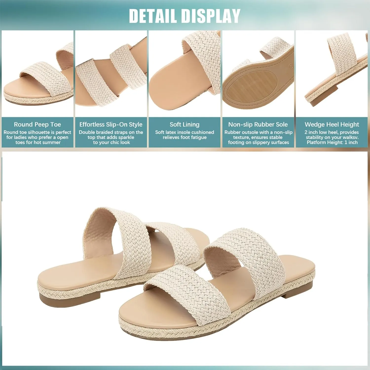 GATUXUS Women's Espadrille Slides Flat Sandals Open Toe Braided Straps Slip On Summer Beach Flats Shoes