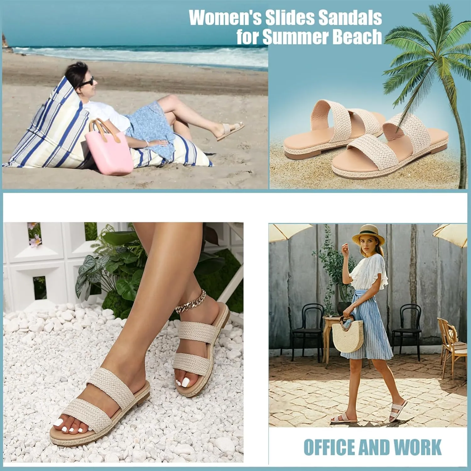 GATUXUS Women's Espadrille Slides Flat Sandals Open Toe Braided Straps Slip On Summer Beach Flats Shoes