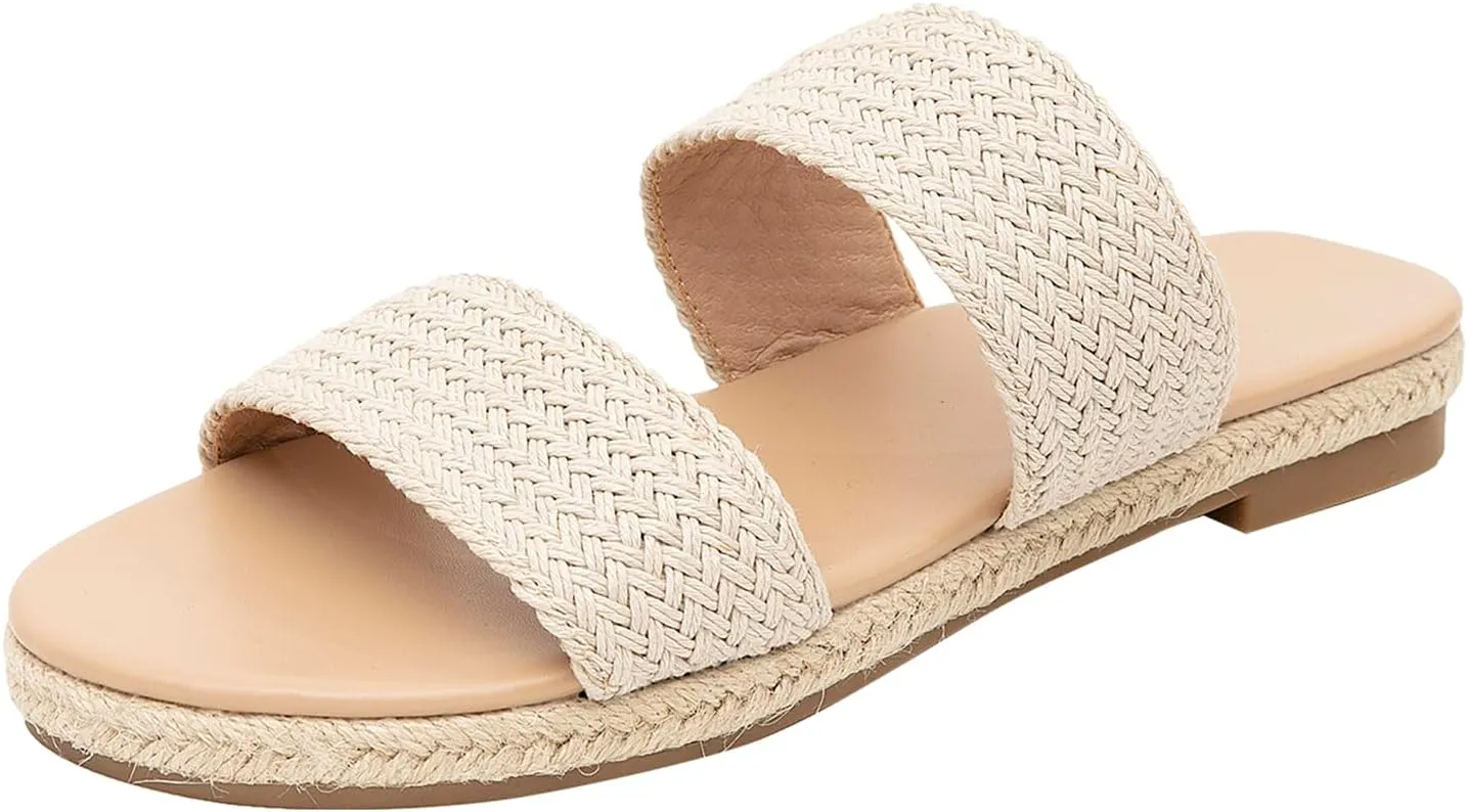 GATUXUS Women's Espadrille Slides Flat Sandals Open Toe Braided Straps Slip On Summer Beach Flats Shoes