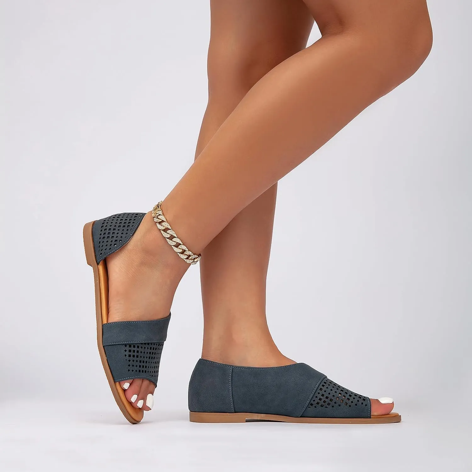 GATUXUS Women's Flats Sandals Open Toe Side Cutout Slip On Casual Slides Flat Shoes