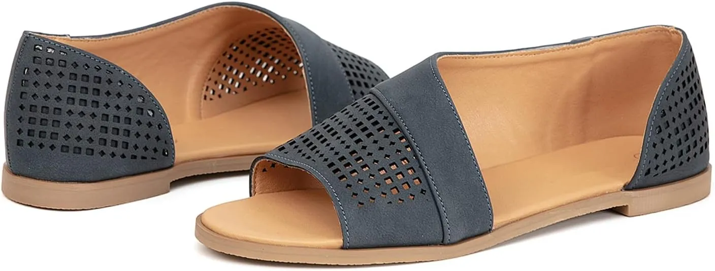 GATUXUS Women's Flats Sandals Open Toe Side Cutout Slip On Casual Slides Flat Shoes