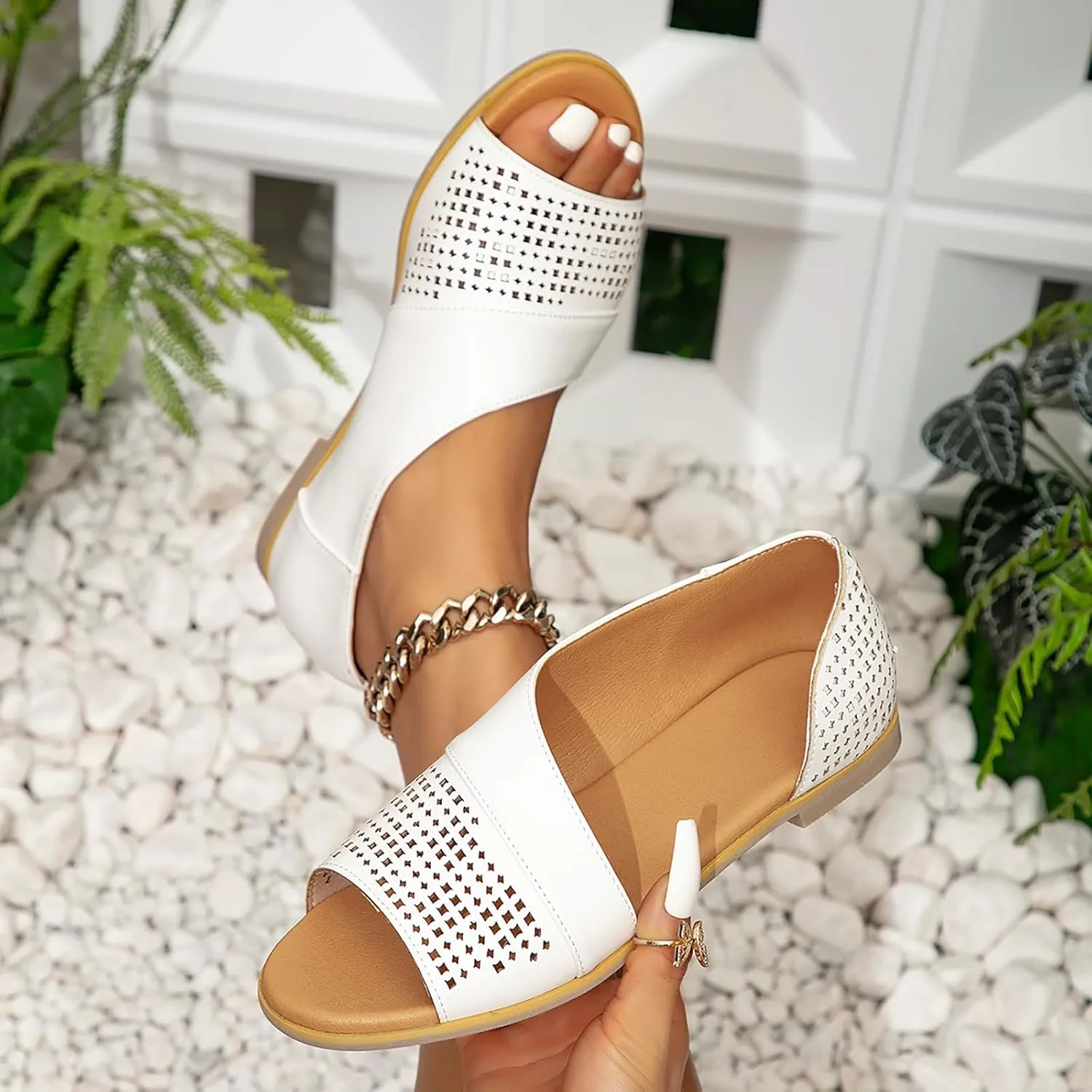 GATUXUS Women's Flats Sandals Open Toe Side Cutout Slip On Casual Slides Flat Shoes