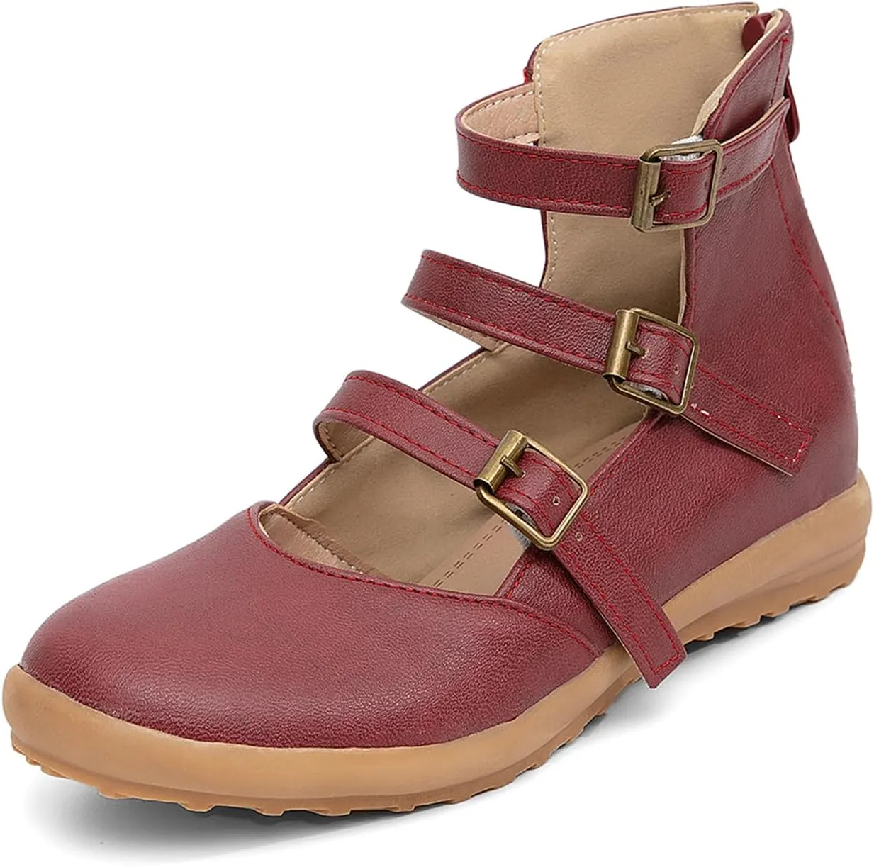 GATUXUS Women's Low Wedge Back Zipper Flats Sandals Ankle Strap Buckle Closed Toe Mary Jane Ballet Flat Shoes