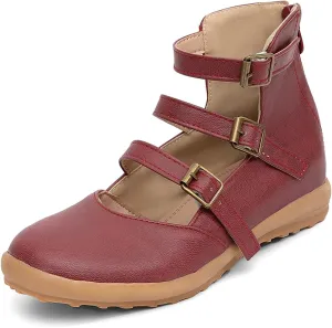 GATUXUS Women's Low Wedge Back Zipper Flats Sandals Ankle Strap Buckle Closed Toe Mary Jane Ballet Flat Shoes