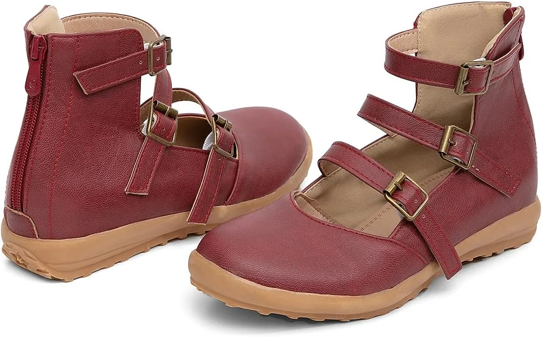 GATUXUS Women's Low Wedge Back Zipper Flats Sandals Ankle Strap Buckle Closed Toe Mary Jane Ballet Flat Shoes