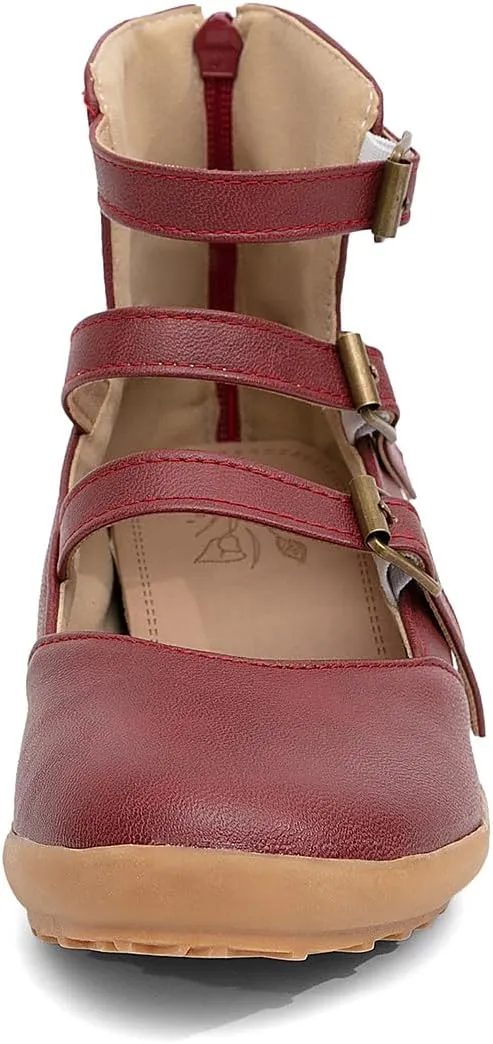 GATUXUS Women's Low Wedge Back Zipper Flats Sandals Ankle Strap Buckle Closed Toe Mary Jane Ballet Flat Shoes