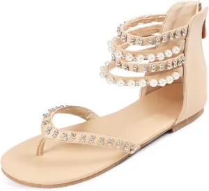 GATUXUS Women's Pearls Thong Flats Sandals Beads Ankle Strappy Back Zipper Flip Flops Dress Sandals Shoes