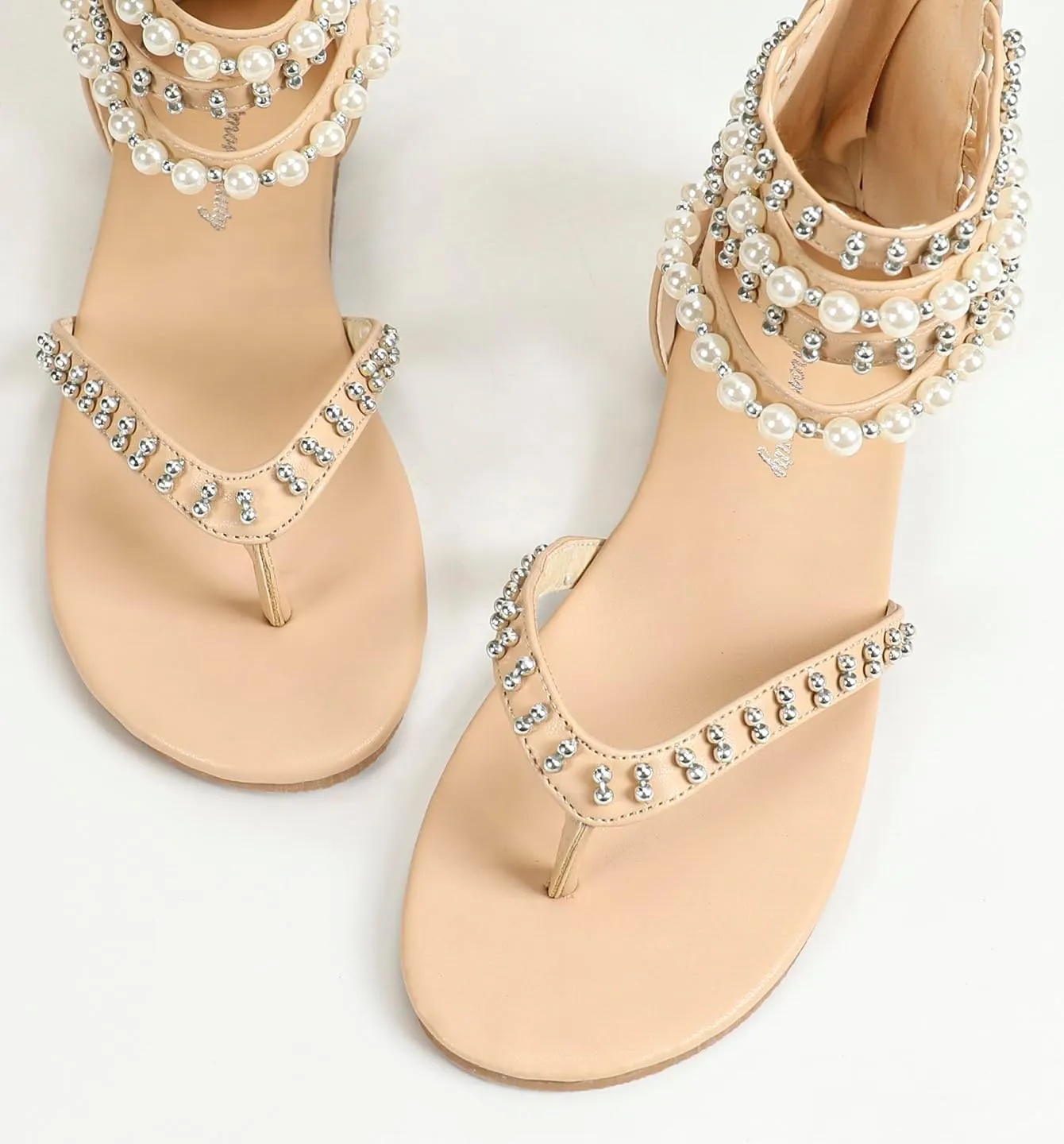 GATUXUS Women's Pearls Thong Flats Sandals Beads Ankle Strappy Back Zipper Flip Flops Dress Sandals Shoes