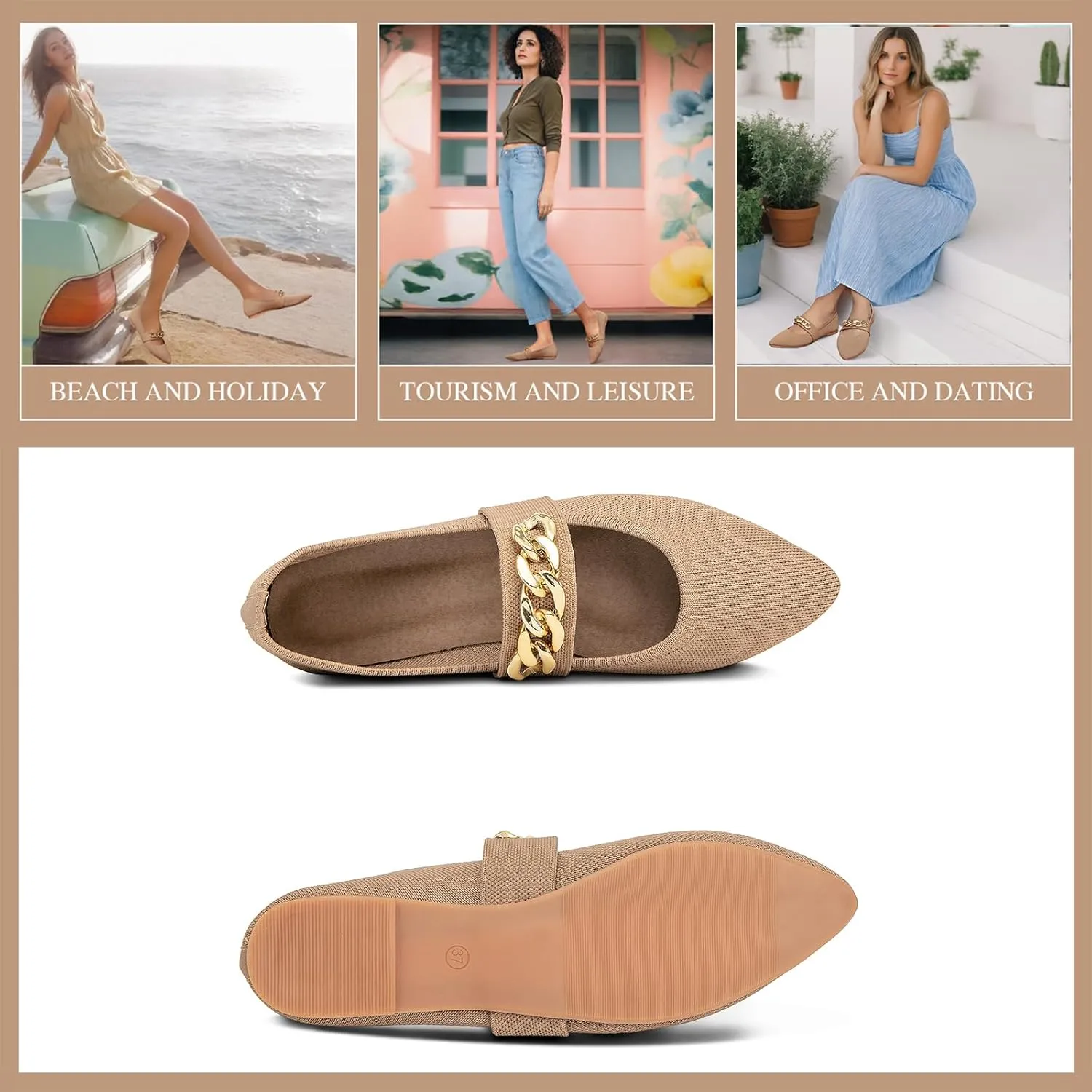 GATUXUS Women's Pointed Toe Knitted Flats Shoes Metal Chain Strap Slip On Comfortable Dress Ballet Flat Breathable