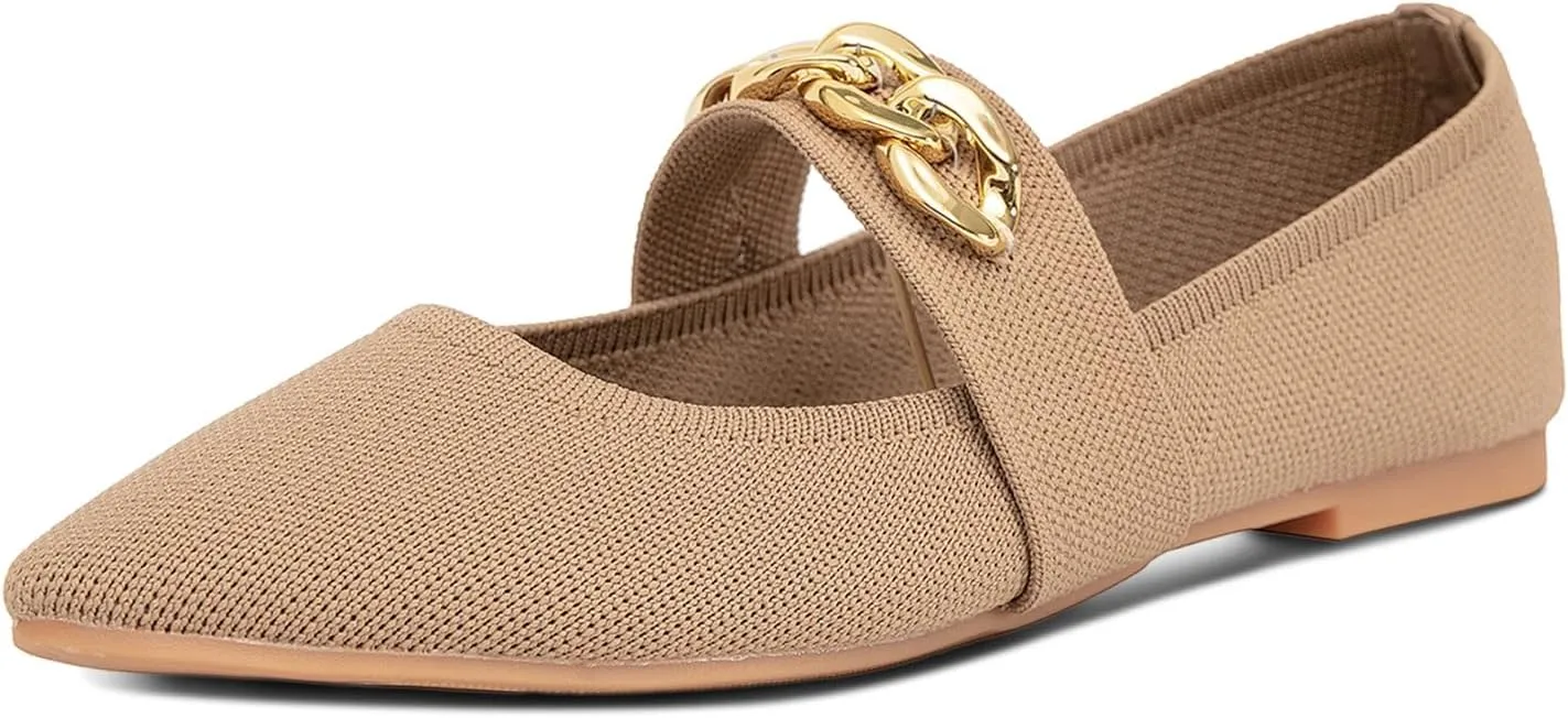 GATUXUS Women's Pointed Toe Knitted Flats Shoes Metal Chain Strap Slip On Comfortable Dress Ballet Flat Breathable