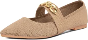 GATUXUS Women's Pointed Toe Knitted Flats Shoes Metal Chain Strap Slip On Comfortable Dress Ballet Flat Breathable