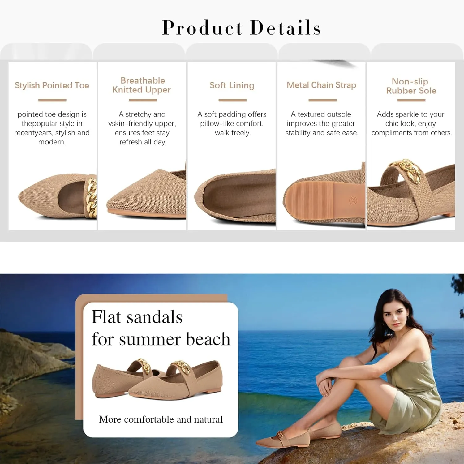 GATUXUS Women's Pointed Toe Knitted Flats Shoes Metal Chain Strap Slip On Comfortable Dress Ballet Flat Breathable