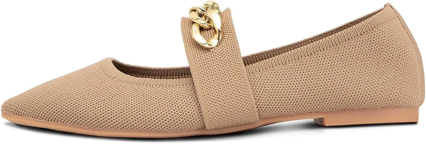 GATUXUS Women's Pointed Toe Knitted Flats Shoes Metal Chain Strap Slip On Comfortable Dress Ballet Flat Breathable
