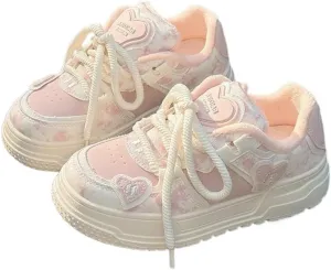Geerta Cute Shoes Y2K の Girls Love Heart Chunky Cookie Sneaker Pretty Pastel Aesthetic Platform Thick Sole Japanese Kawaii Retro Vintage White Doll Shoes for Women Casual School Summer